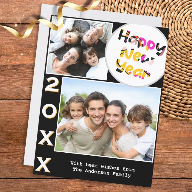 Stylish 2 Photos Personalized Happy New Year Holiday Card (A stylish card with 'Happy New Year' greeting, to personalize with 2 photos, year number and name(s))