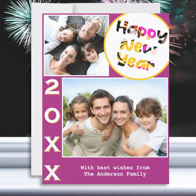 Stylish 2 Photos Pink Happy New Year Holiday Card (A card with Happy New Year greeting, with custom photos, message and year number)