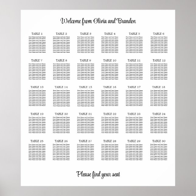 Stylish 30 Table Wedding Seating Chart Poster (Front)