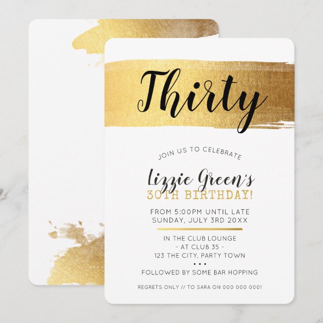 STYLISH 30TH birthday invite faux glam gold brush (Front/Back)