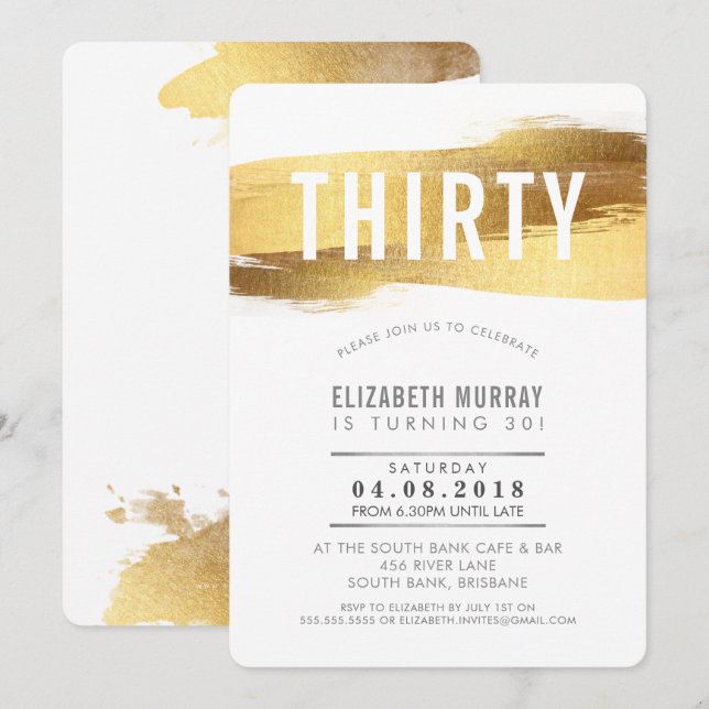 STYLISH 30TH birthday INVITE faux gold brushstroke (Front/Back)