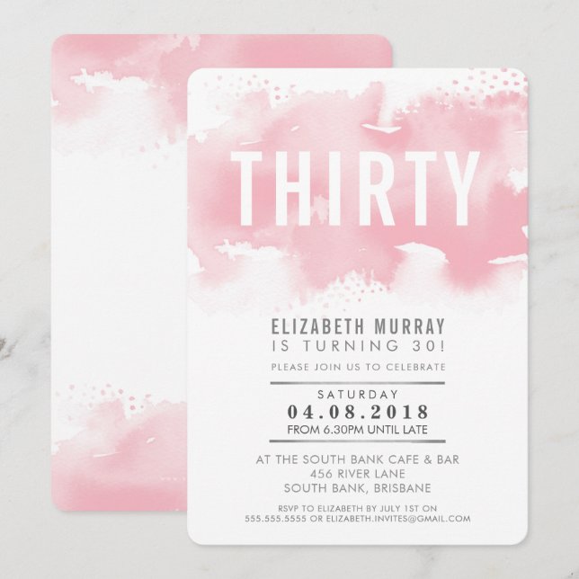 STYLISH 30TH birthday INVITE watercolor blush pink (Front/Back)