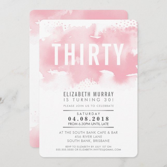 STYLISH 30TH birthday INVITE watercolor blush pink (Front/Back)