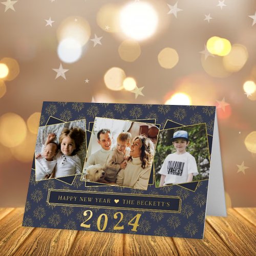 Stylish 3 Photo Collage Happy New Year Real Foil Holiday Card