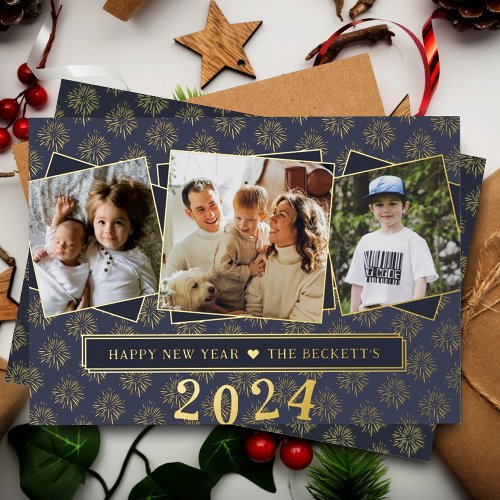 Stylish 3 Photo Collage Happy New Year Real Foil Holiday Card