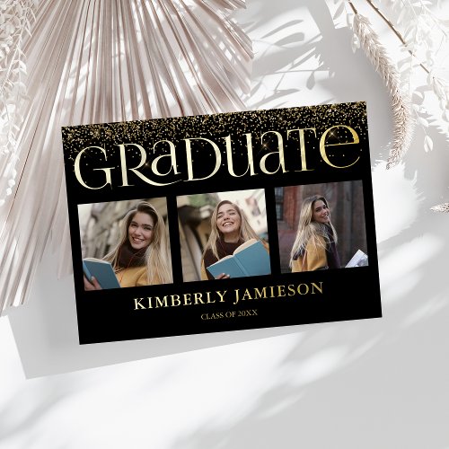 Stylish 3 Photo Graduation Foil Invitation