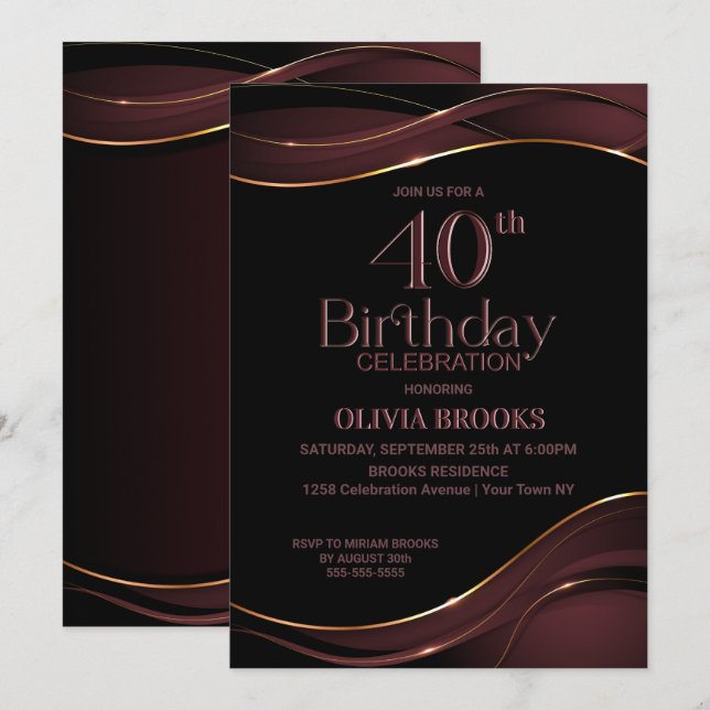 Stylish 40th Birthday Black and Pink Party Invitation (Front/Back)