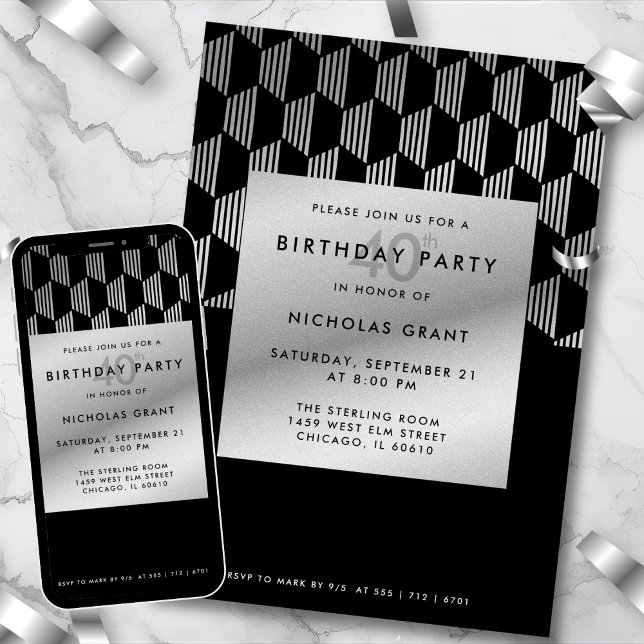 Stylish 40th Birthday Faux Silver Foil Black Invitation (Creator Uploaded)