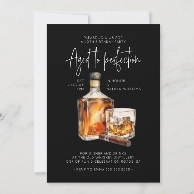 Stylish 40th Birthday Invite Male - Whiskey Theme (Front)