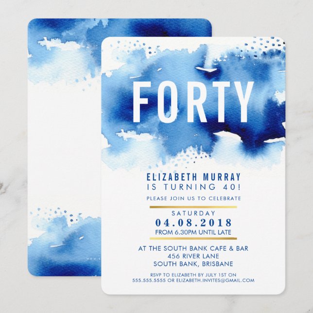 STYLISH 40TH birthday party INVITE watercolor blue (Front/Back)