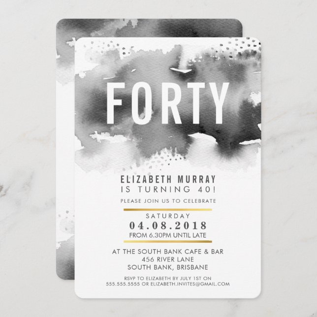 STYLISH 40TH birthday party INVITE watercolor grey (Front/Back)