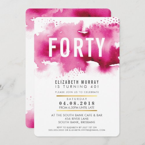 STYLISH 40TH birthday party INVITE watercolor pink