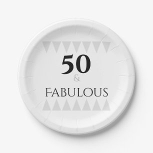 Stylish 50 & Fabulous Typography Silver Black Paper Plates