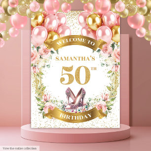 Stylish 50th Birthday Blush Flowers Gold Glitter Tapestry