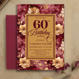 Stylish 60th Birthday Burgundy Blush Floral Gold Invitation