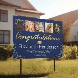 Stylish 6 Photo Blue Gold 2025 Graduation Sign