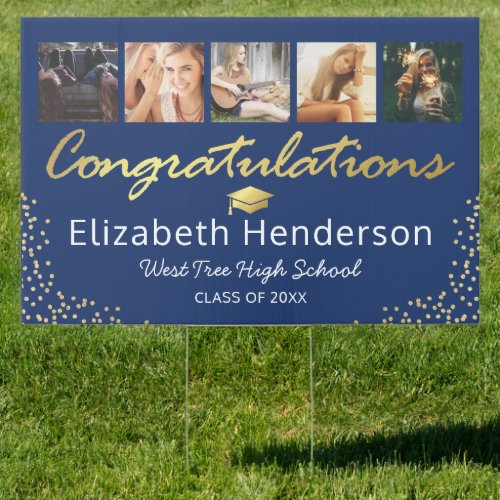 Stylish 6 Photo Blue Gold Graduation 2022 Sign - Modern graduation announcement yard sign featuring a stylish blue background that can be changed to any color, a 5 photo collage of the graduate, gold sparkly glitter, and a congratulations template that is easy to personalize. On the reverse is another picture of the student, and the words "clap, honk, wave".