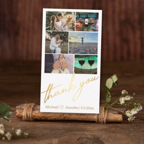 stylish 6 photos collage wedding thank you gold note card