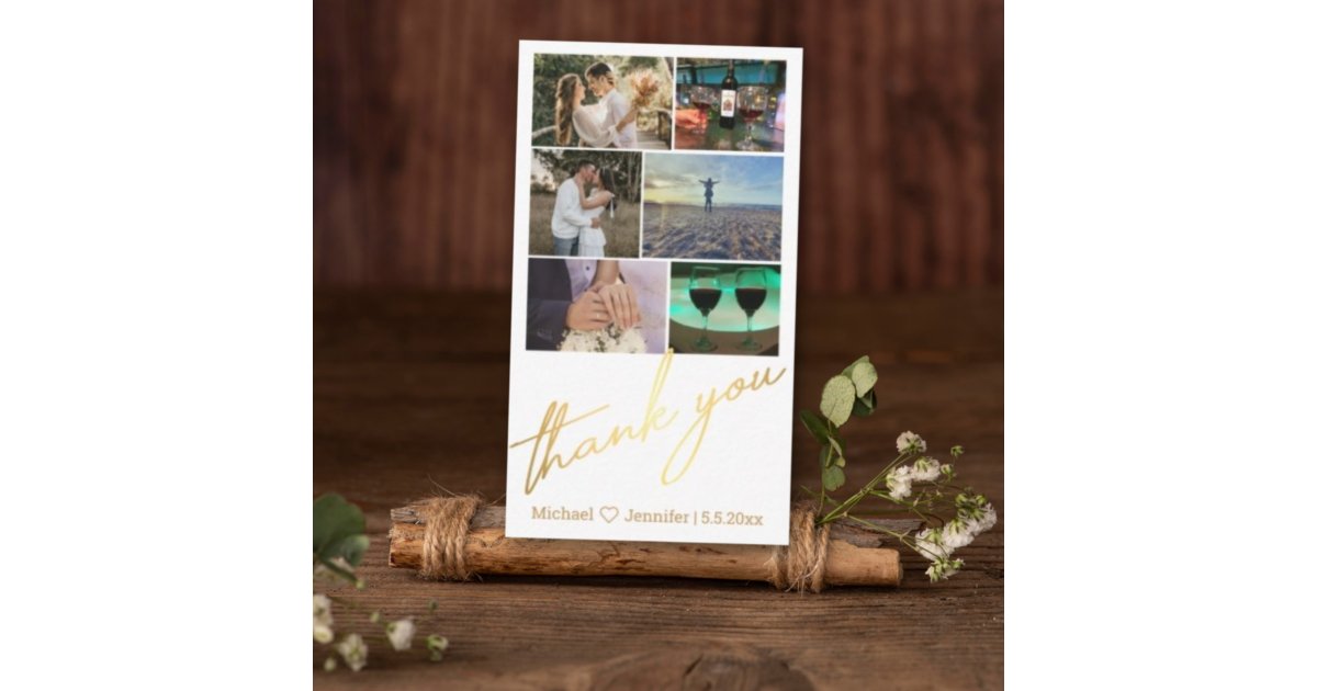 stylish 6 photos collage wedding thank you gold note card | Zazzle