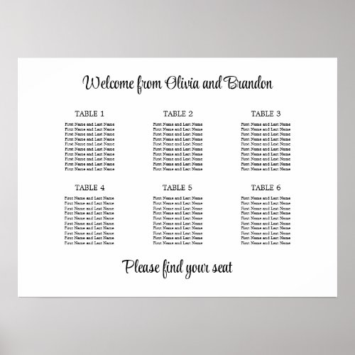Stylish 6 Table Wedding Seating Chart Poster