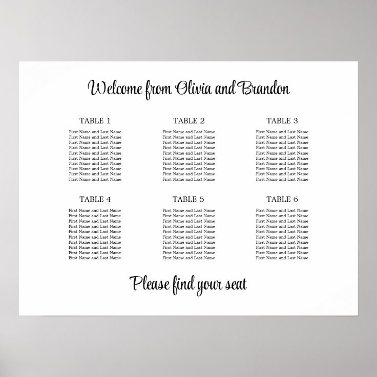 Stylish 6 Table Wedding Seating Chart Poster | Zazzle