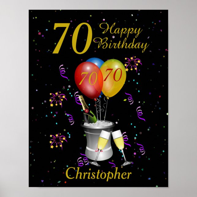 Stylish 70th Birthday Black Gold Poster (Front)