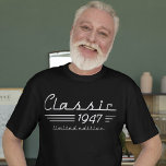 Stylish 77th Birthday Auto Owner, Classic 1947 T-Shirt<br><div class="desc">Drive into the 77th year with timeless style and automotive flair wearing the "Stylish 77th Birthday Auto Owner, Classic 1947 T-Shirt." Tailored for the individual celebrating this significant milestone, the shirt seamlessly merges vintage charm with contemporary sophistication. Adorned with a sleek design inspired by the iconic year 1947, it's a...</div>