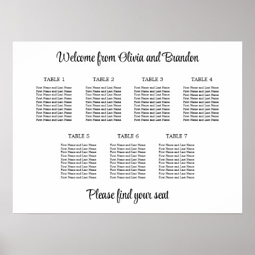 Stylish 7 Table Wedding Seating Chart Poster