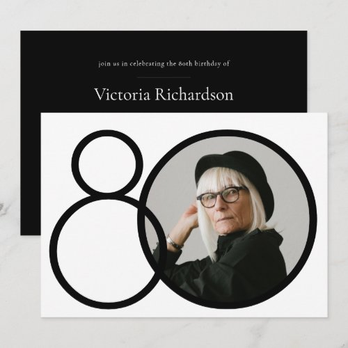 Stylish 80th Birthday Black White Minimalist Photo Invitation
