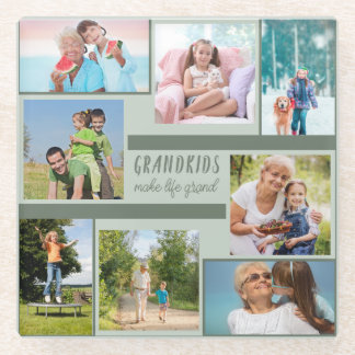 Stylish 8 Photo Collage Grandparents Green Glass Coaster