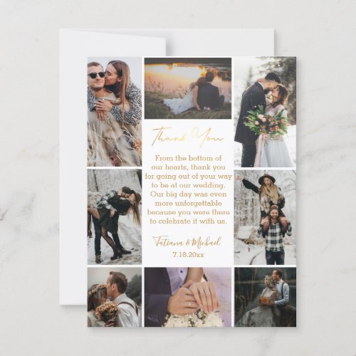 stylish 8 photos collage modern chic wedding gold thank you card