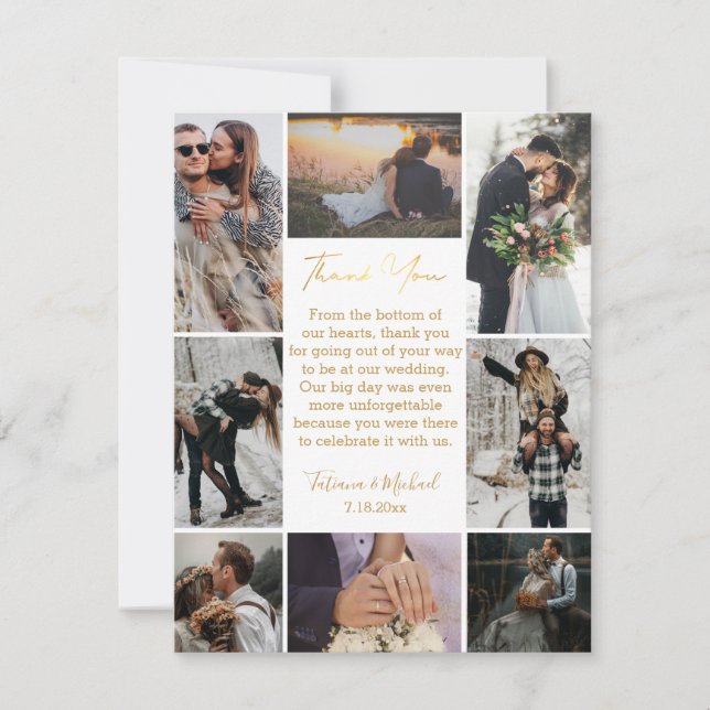 stylish 8 photos collage modern chic wedding gold thank you card (Front)
