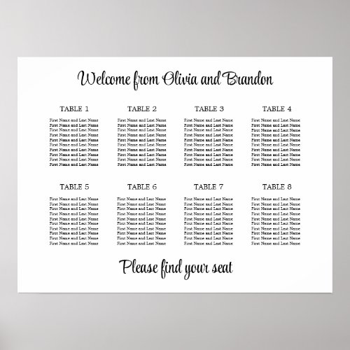 Stylish 8 Table Wedding Seating Chart Poster