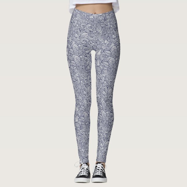 Stylish Abstract Botanical Pattern Blue/Gray Leggings (Front)