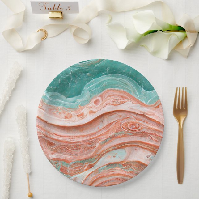 Stylish Abstract Coral and Teal  Paper Plates (Wedding)