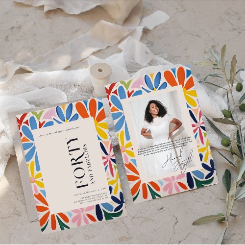 Stylish Abstract Floral  40th Birthday Photo Invitation