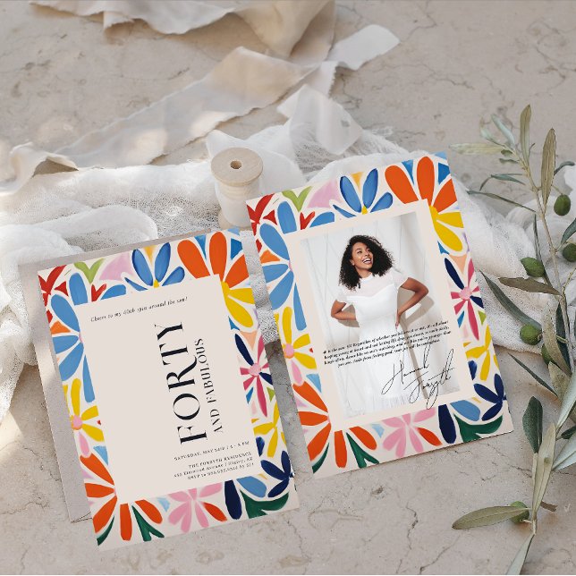 Stylish Abstract Floral | 40th Birthday Photo Invitation (Creator Uploaded)