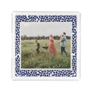 Stylish Abstract Floral Pattern Blue Custom Photo Acrylic Tray
