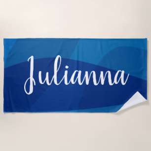 Stylish Abstract Shapes in Blue Personalized Name Beach Towel
