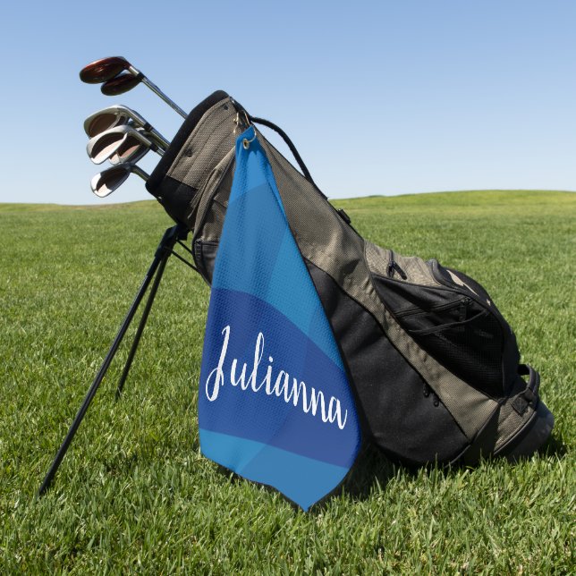 Stylish Abstract Shapes in Blue Personalized Name Golf Towel (Green)