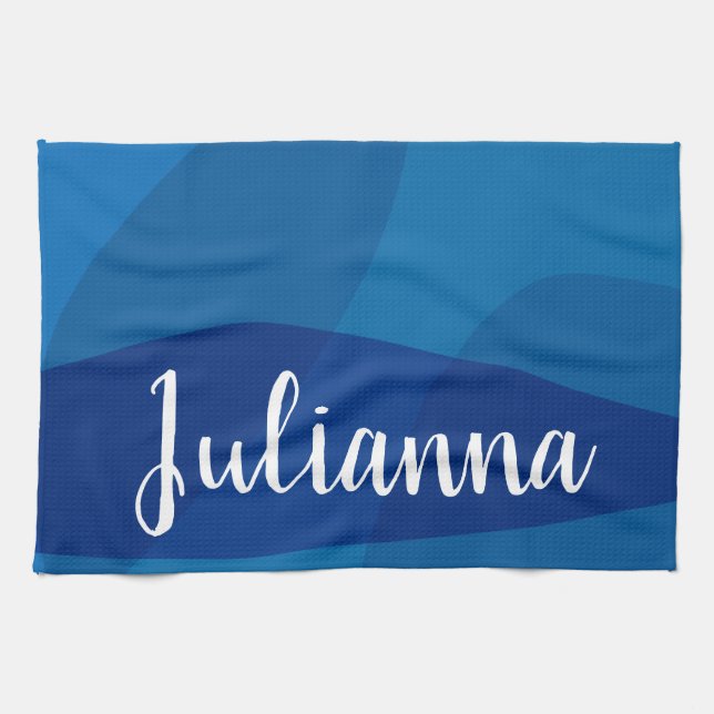 Stylish Abstract Shapes in Blue Personalized Name Kitchen Towel (Horizontal)