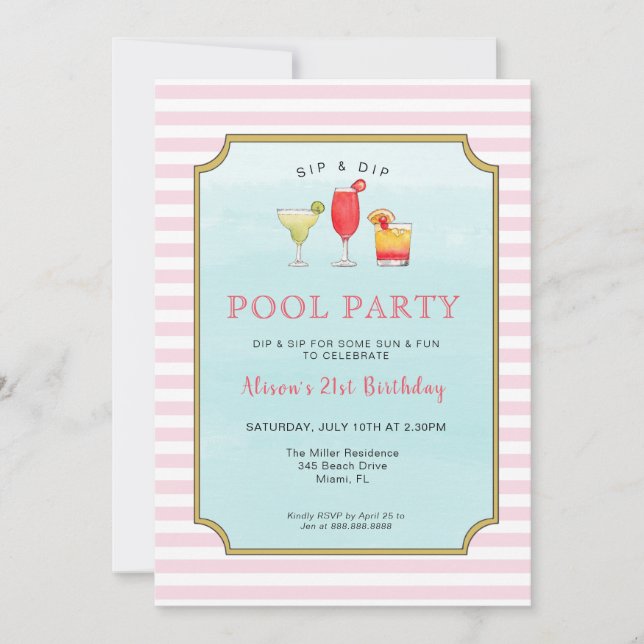 Stylish Adult Cocktail Summer Birthday Pool Party Invitation (Front)