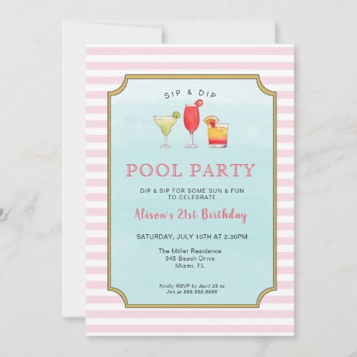 Stylish Adult Cocktail Summer Birthday Pool Party Invitation