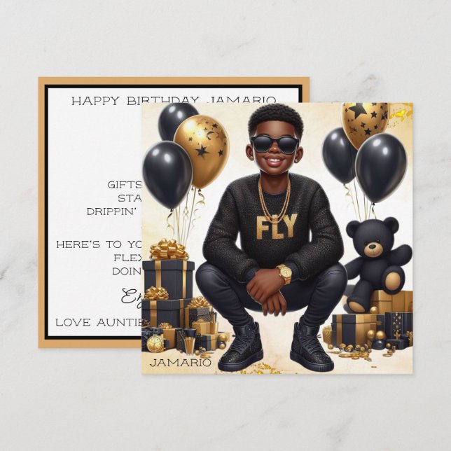 Stylish African American Boy Black/Gold Birthday Card (Front/Back)
