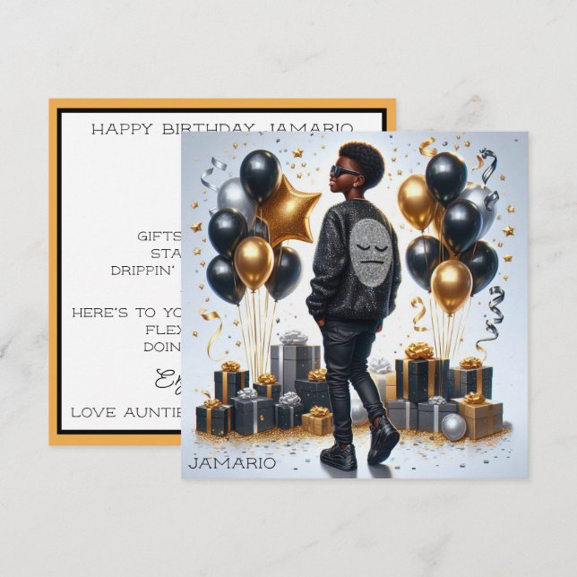 Stylish African American Boy Black/Gold Birthday Card (Front/Back)