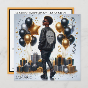 Stylish African American Boy Black/Gold Birthday Card