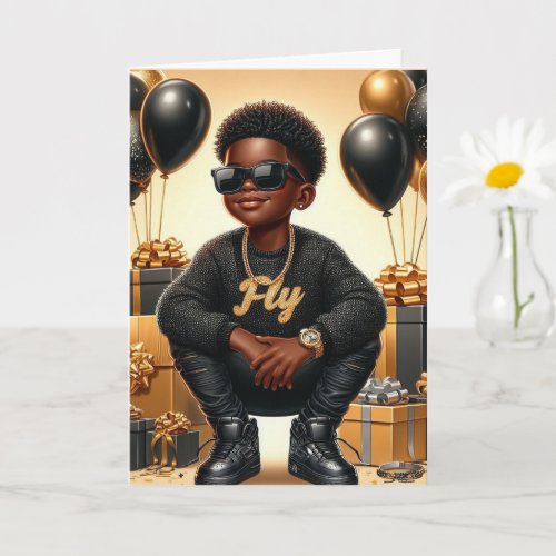 Stylish African American Boy BlackGold Birthday Card