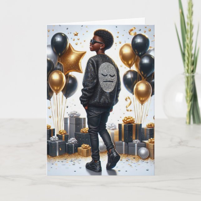 Stylish African American Boy Black/Gold Birthday Card (Front)