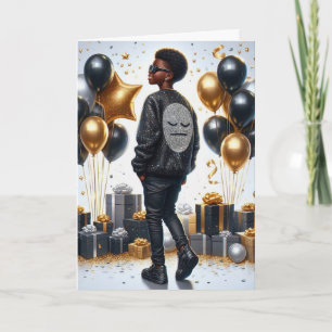 Stylish African American Boy Black/Gold Birthday Card