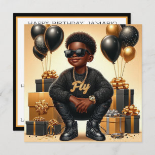 Stylish African American Boy Black/Gold Birthday Holiday Card